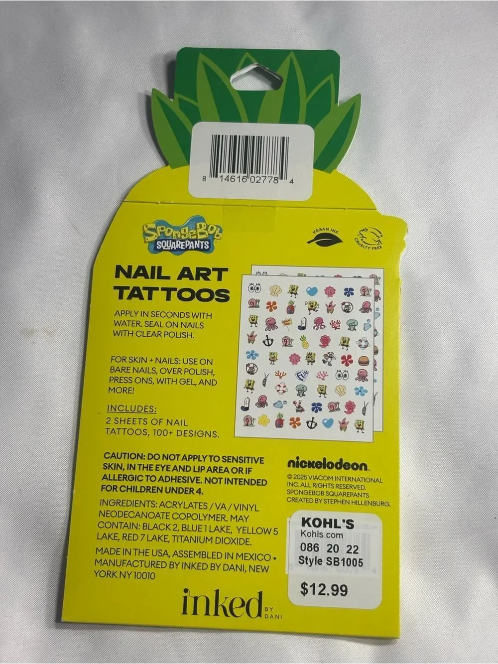 2 New Nickelodeon SpongeBob SquarePants Yellow and Green Nail Art Tattoos